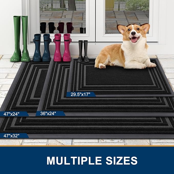 Buganda Front Door Mat Indoor Outdoor Entrance, Non-Slip Natural Rubber Doormats, Easy Clean, Low Profile, Dirt Trapper Entryway Floor Mats for Outside, Garages and Patios, 47x24, Black