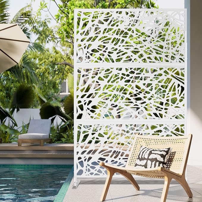 Elevens Free Decorative Privacy Screen with Stand, Outdoor Decor Privacy Fence Screen Metal Fence Panels, Outdoor Divider for Garden Patio Backyard, White-Web (A-GE04004)