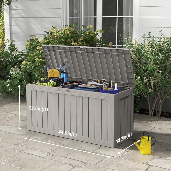 Mars Villa 72 Gallon Deck Box, Waterproof Weatherproof and UV Resistant Resin Storage Bin with Lockable Lid, Ideal for, Outdoor, Patio Furniture Cushions, Pool Supplies, Garden Tools, Greige