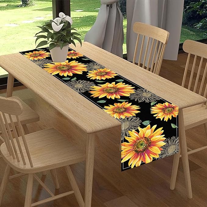 Black Yellow Floral Table Runner, Watercolor Sunflowers Vase Spring Sunshine Summer Farmhouse Rustic Table Center Decor for Home Kitchen Dining Patio Indoor Outdoor Table Decorations, 13"x108" Inch
