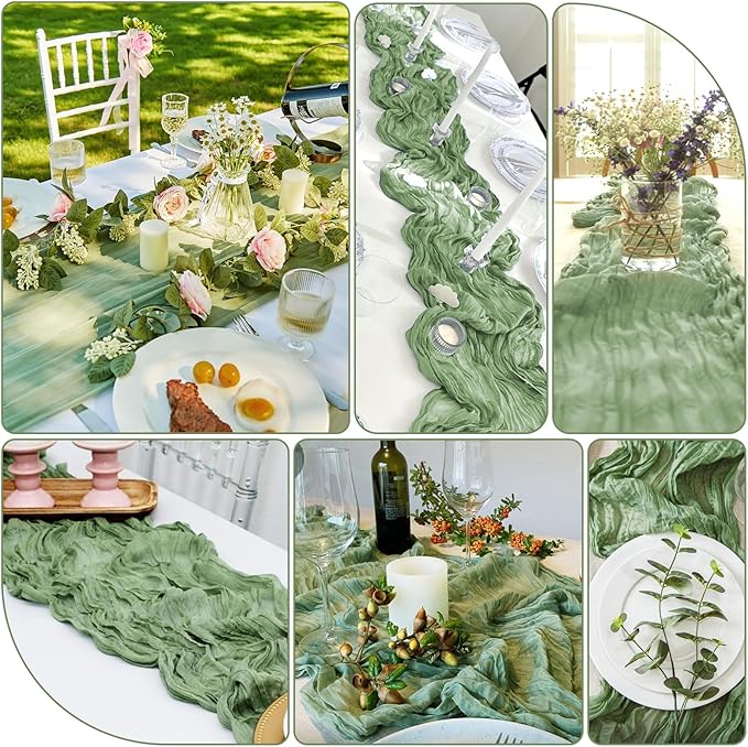 20 Packs Cheesecloth Table Runner 10FT Long Boho Gauze Fabric Table Runner Vintage Rustic Sheer Runners for Wedding Party Bridal Baby Shower Table Decorations (Sage Green)