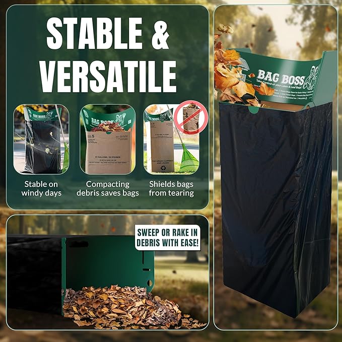Lawn & Leaf Bag Holder Stand | Fits 33-55 Gallon Paper or Plastic Yard Waste Bags | Durable, Foldable Trash Bag Holder Stand and Leaf Scoop