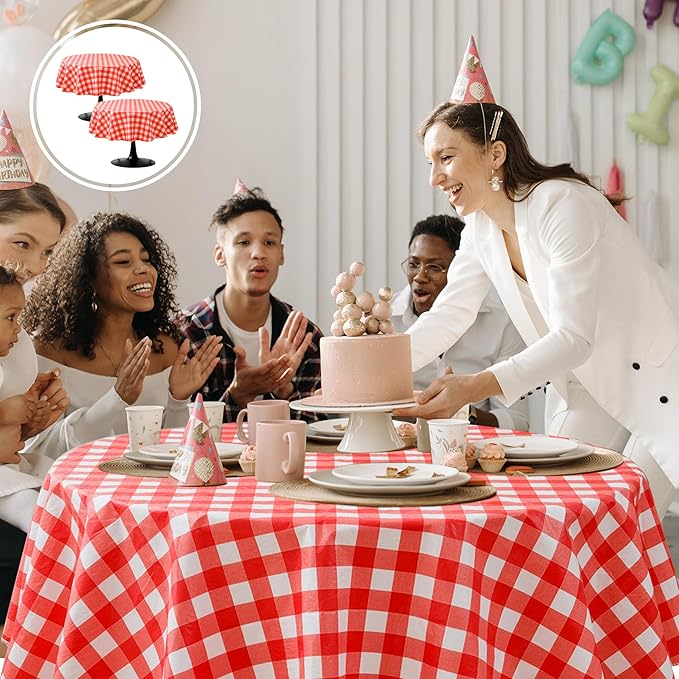 Nasitos Red and White Checkered Tablecloth 60 Inch Round for Christmas, Vinyl Tablecloth with Flannel Backing for Picnic, Round Dining Table, Outdoor Travel, 2 Pack