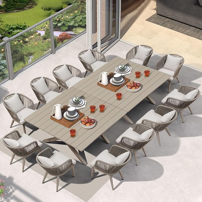 PURPLE LEAF 14 Pieces Patio Dining Set Wicker Outdoor Furniture Oversize Rectangular Table and Chairs Set for Garden Deck Aluminum Frame Backyard Kitchen Set, Cushions and Pillows Included Champagne