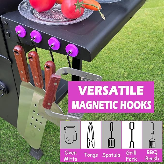 Magnetic Grill Hooks, 4 Pack Heavy Duty Magnet Hooks for Grill, Strong Outdoor Magnetic Hoooks for Grill, Barbecue Tool, Outdoor Hanging, Refrigerator, Kitchen(Purple)