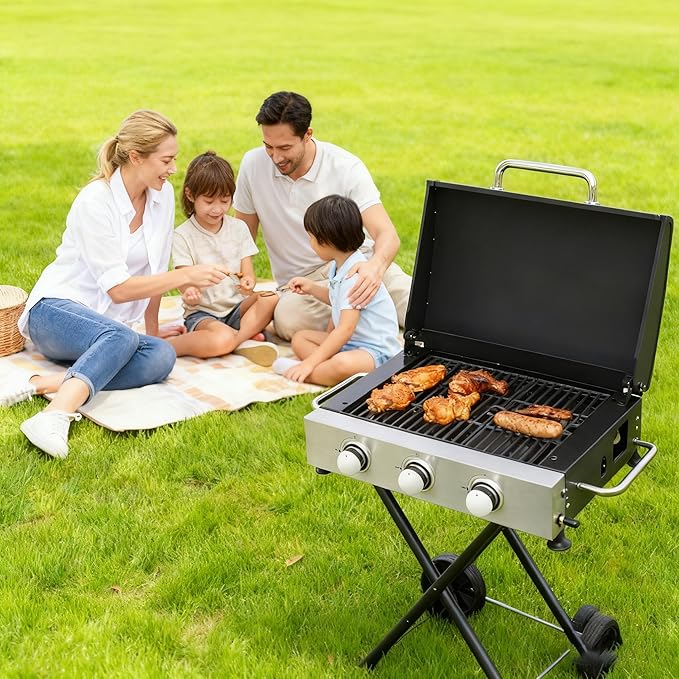 26,550 BTU Propane Gas Grill with Thermometer, 100-800°F Temp Control, Foldable Side Table, 2 Wheels for Mobility, 430 Stainless Steel Fire Box & Warming Rack, Include Hanging Basket & Tool Hooks