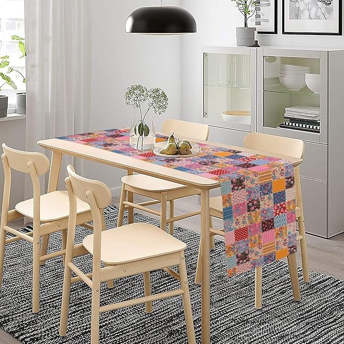Patchwork Floral Table Runner, Patch Boho Flowers Country Wildflowers Rustic Splicing Design Pattern Table Runner for Farmhouse Kitchen Dining Home Party 13x90in