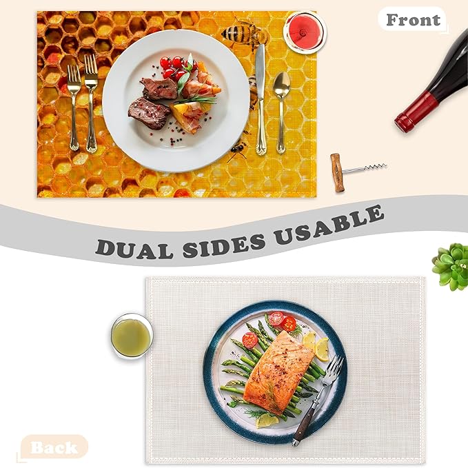 Honey Bee Placemats Set of 6 Linen Heat Resistant,Yellow Honeycomb Table Mats Washable Rustic Place Mats Decoration for Home Kitchen Dining Room Party 12x18 Inch