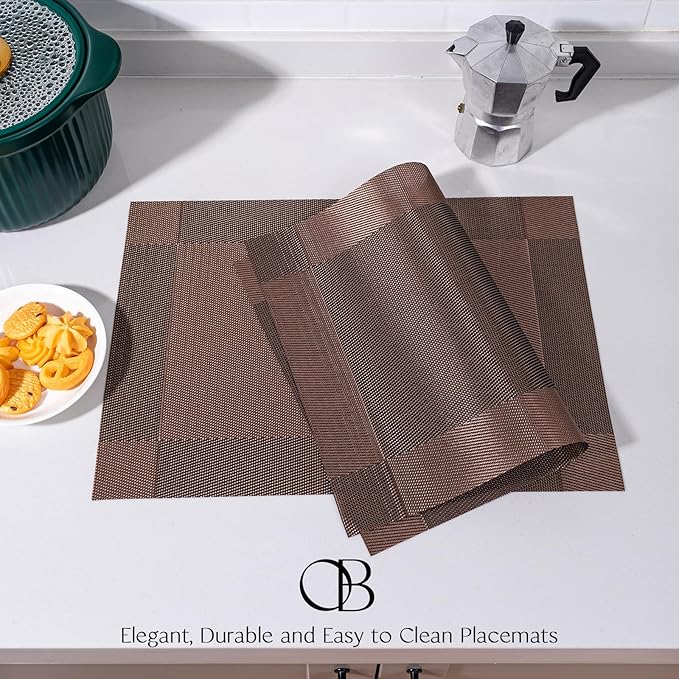 Placemats Set of 6 - Easy Clean Woven Vinyl Placemats for Dining Table, Indoor/Outdoor Place Mats, Washable PVC Table Mats（Brown Cube）