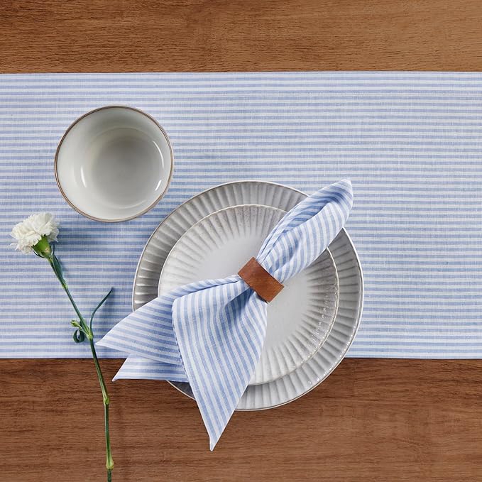 Solino Home Linen Table Runner 72 Inches Long - Narrow Stripe, 100% Pure Linen Cornflower Blue and White Table Runner 14 x 72 Inch for Dining, Dresser, Winter, Spring, Easter
