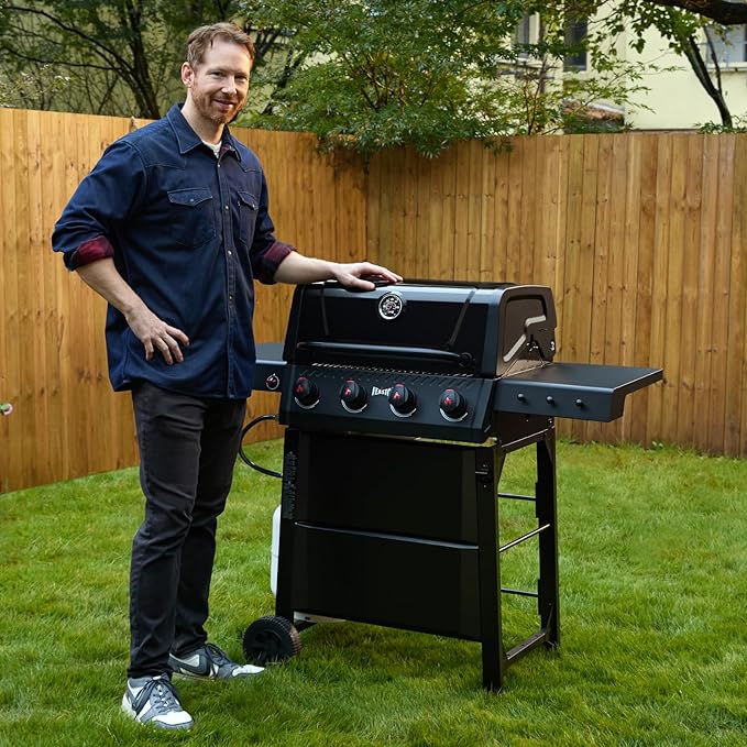 4-Burner Gas BBQ Grill with Side Table, 36,000 BTU Outdoor Propane Grill with Enameled Coated Chamber Body, Premium Porcelain-Enameled Grates for Backyard, Patio, Camping Barbecue, Black