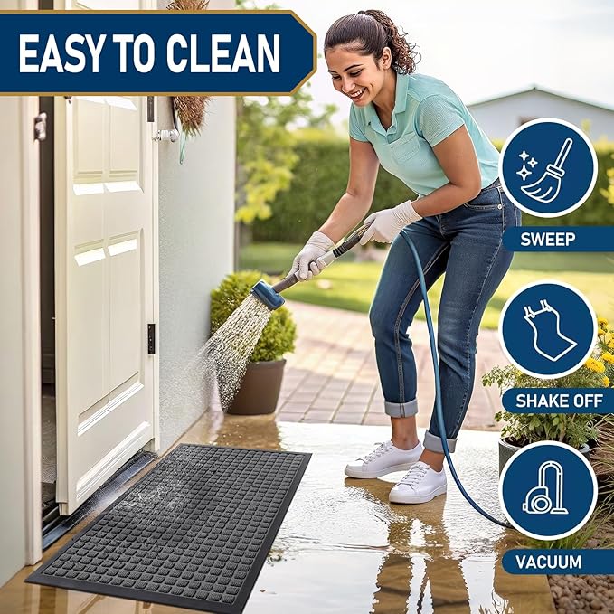 Smiry Front Door Mat Outside Entrance, Heavy Duty Natural Rubber Doormat, Non Slip, Trap Dirt and Moisture, Easy Clean, Low Profile Welcome Floor Mats for Indoor Outdoor Entry, 29.5x17 Inch, Grey
