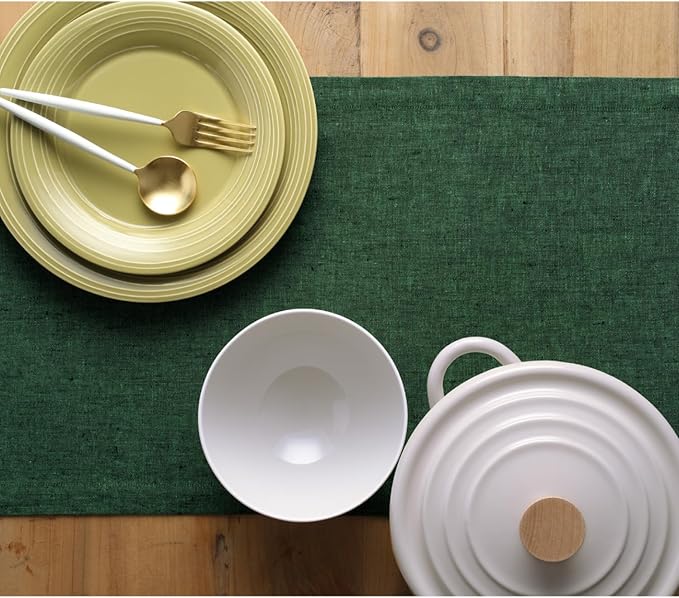 Solino Home Linen Table Runner 48 Inches - 100% Pure Linen Forest Green Table Runner 14 x 48 Inch Ideal for Dresser and Coffee Tables - Athena - Winter, Easter, St Patricks Day