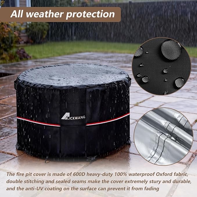 Fire Pit Cover Round 36 Inch Waterproof,Outdoor Heavy Duty Durable 600D Tear-Resistant Fire Pit Table Cover,Patio Round Firepit Cover 36" D x 24" H, Black