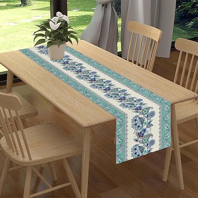 Paisley Table Runner, Vintage Teal Damask Floral Flower Boho Antique Damask Swirled Pattern Rustic Coffee Table Center Decor for Family Kitchen and Living Room Outdoor Table Decorations, 13"x36"