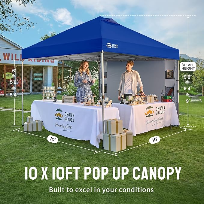 CROWN SHADES Canopy Tent, 10 x 10 Foot Portable Pop Up Outdoor Shelter with Pocket Sidewall, Push Center Lock, UV Protection, and Carry Bag, Navy Blue