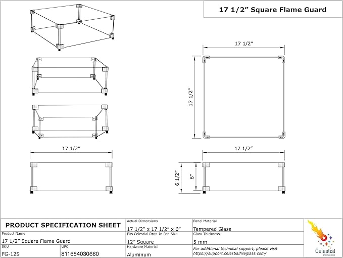 Celestial 17.5" x 17.5" x 6" Wind Guard, fits Celestial 12” Square Fire Pit Burner Pans for Gas Fire Pits