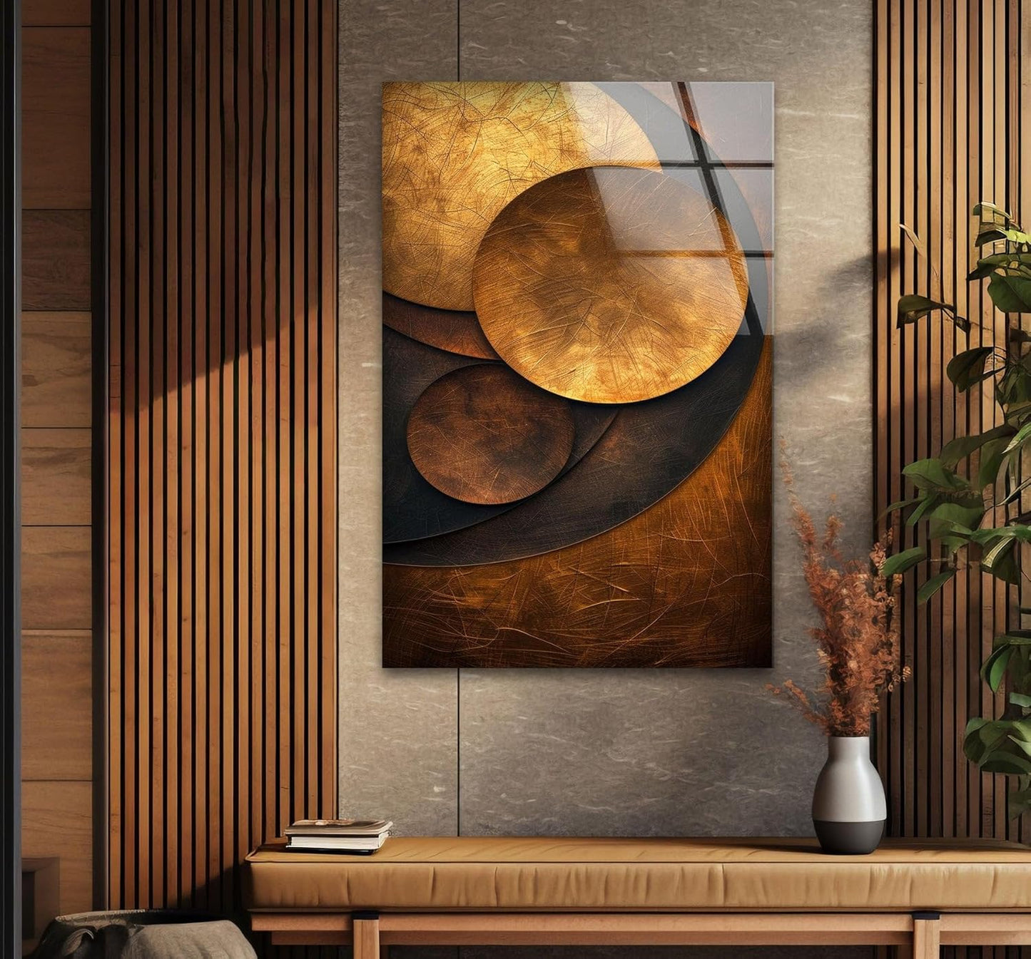 My Photostation.com 32Wx48H'' Bronze Art Deco Geometric Motifs Glass Wall Art Tempered Glass Printing Wall Decor Large Wall Art Wall Hangings