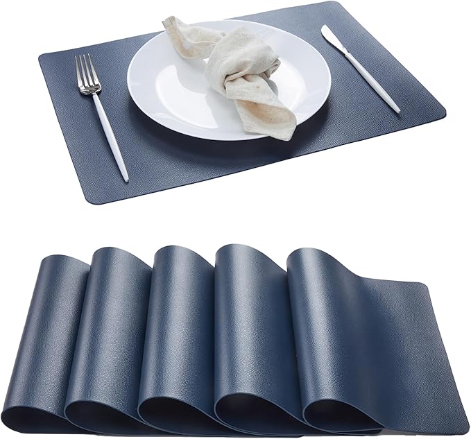 DOLOPL Placemats Set of 6, Wipeable Faux Leather Heat Resistant Place Mats - Anti Slip Table Place Mats, Washable Outdoor Tablemats for Kitchen Dining Room Table Decorations, Navy Blue