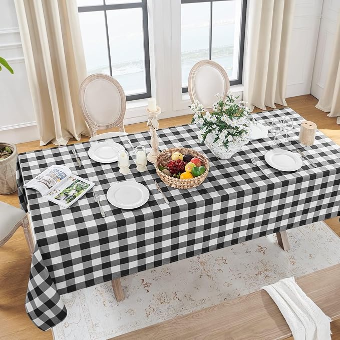 Softalker Gingham Checkered Tablecloth Rectangle - Outdoor Waterproof Buffalo Plaid Table Cloth, Stain Resistant Washable Table Cover for Picnic, Camping - Black and White, 2 Pack - 60 x 84 Inch