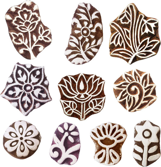 Royal Kraft Floral Wooden Printing Stamps (Set of 10) - DIY Henna Fabric Textile Paper Clay Pottery Blocks Htag2176