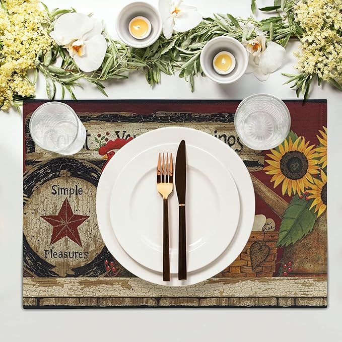 Giwawa Vintage Rooster Placemats Set of 4 Farmhouse Chicken Linen Table Mat Rustic Country Style Farm Animal Print Heat Resistant Non-Slip Washable Place Mats for Dining Kitchen Party Decor