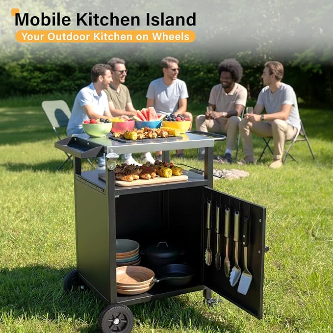 VINGLI Outdoor Grill Table Cart with Cabinet, Stainless Steel Movable Kitchen Island with Large Storage Cabinet, Multifunction Food Prep Table with Bottle Opener and Seasoning Tray, for Patio, Home