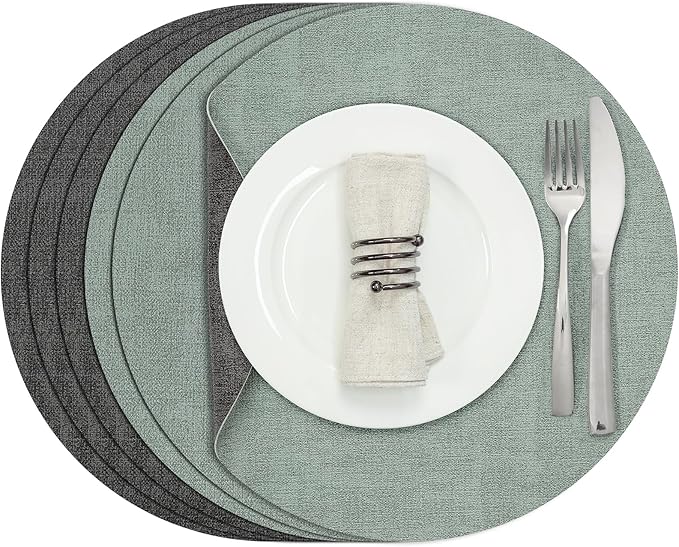 Myir JUN Round Placemats Dual Sided, Faux Leather Place Mats Set of 6 Indoor for Dining Table Outdoor Non-Slip Washable Table Mats (Set of 6, Gray Sage Green)
