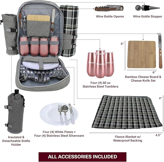 Truvelli Picnic Backpack for 2 with Blanket – 12-in-1 Insulated Picnic Basket Backpack Set with‬ Wine Holder, Cutlery & Cheese Board – Luxury Picnic Back Pack for Couples, Outdoor‬ Adventures, Gray