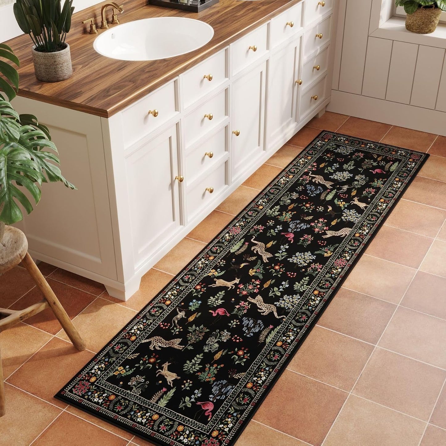 Rugcomf Runner Rug for Kitchen Rug Non Slip 2'x6' Washable Rugs with Rubber Backing Soft Floral Animal Carpet Runner for Kitchen, Laundry, Bedroom, Bathroom (Black)