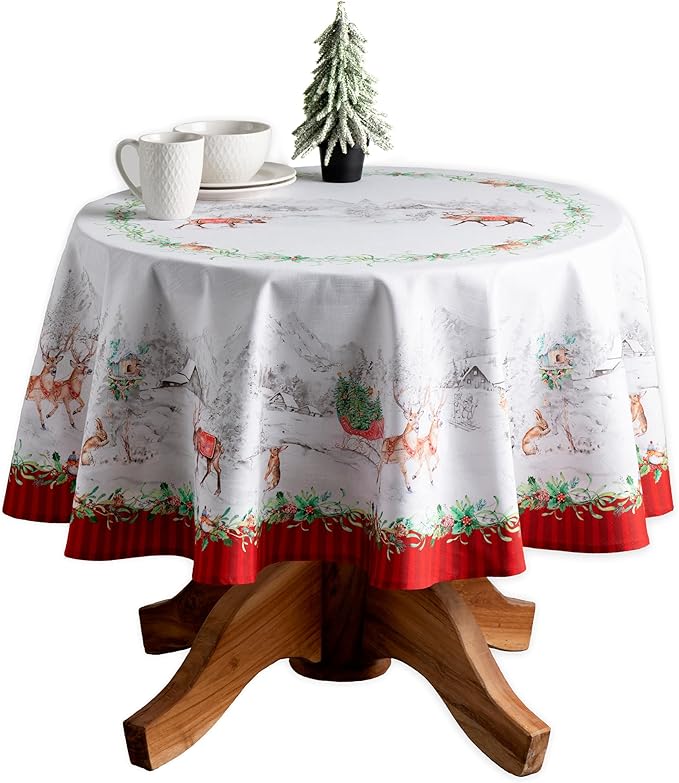 Maison d' Hermine Table Cloth Round Table 100% Cotton 69 Inches Fall Tablecloth Reusable Everyday Use for Thanksgiving Christmas Decorations Dining Farmhouse Party (Christmas Tradition)