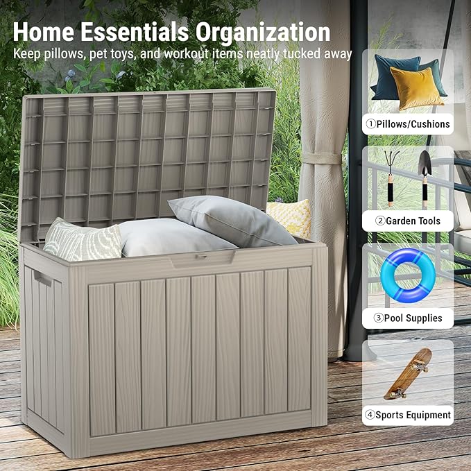 Mars Villa 45 Gallon Outdoor Storage Box, Resin Deck Box Waterproof, Storage Chest for Outside Patio Furniture Cushions, Pool Supplies, Garden Tools, UV Resistant and Weatherproof, Greige