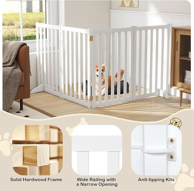 30" Height Tall Freestanding Pet Gate, Solid Wood Folding Safety Fence Wooden Dog Gate with 2 PCs Support Feet Ideal for Stairs, Doorways, Halls, Kitchens, Heavy Duty Gates, 4 Panels, White