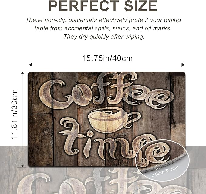 Coffee Placemats Set of 4 - Farmhouse Heat Resistant Placemats for Dinner Table, Non-Slip Waterproof Oil-Proof Washable Reusable Placemat for Indoor Outdoor Kitchen Decor, 15.75In*11.81In