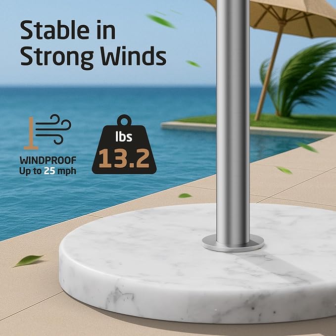 KES Hot Tub Towel Rack Outdoor with Natural Marble Extra Weight Base, 8 Arms 360° Adjustable 59in Outdoor Towel Rack for Pool with Storage Tray, 18/8 Stainless Steel, Brushed Finish, OTR204-2