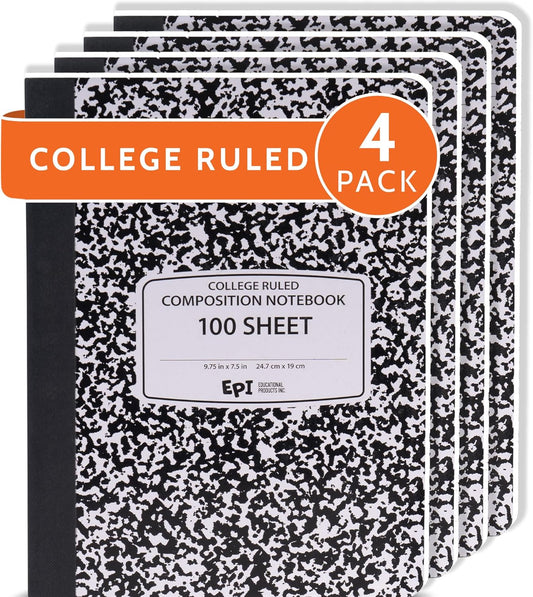 EPI Marble Hardcover College Ruled Composition Notebook | 200 Pages (100 Sheets), 9.75 x 7.5 in, Sturdy Sewn Binding | School, Office, Journaling, Notes - 4 Pack