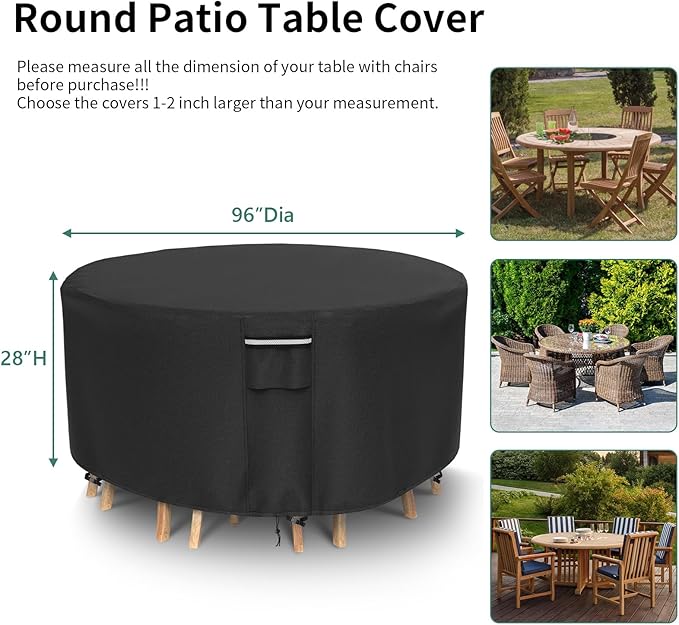 Round Patio Furniture Covers, 500D Heavy Duty Waterproof UV Resistant Cover for Round Outdoor Dining Table & Chairs,96" Dia x 28" H -Black