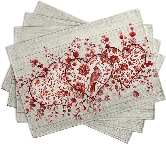 Valentine Wooden Heart Placemats Set of 4, 12x18 Inch Valentines Chinoiserie Red Floral Dining Table Placemats Heat Resistant Washable Table Mats for Kitchen Dining Holiday Indoor