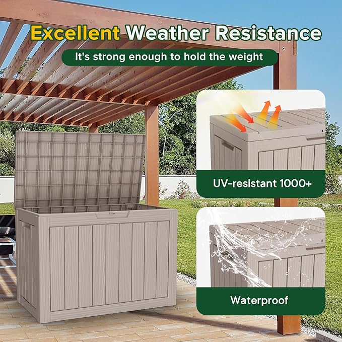 45 Gallon Large Deck Box,Resin Outdoor Storage Box with Lockable for Patio Furniture, Pool Accessories, Garden Tools Waterproof Outside Storage Box, Grey