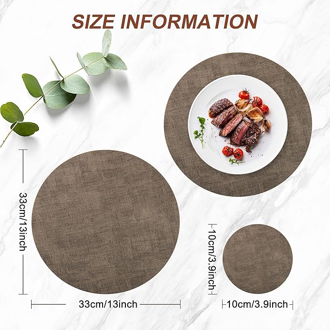 Round Faux Leather Placemats and Coasters, Set of 4, Reversible Heat Resistant Non-Slip Table Mats, Waterproof Wipeable Place Mats for Dining Table, Washable for Indoor & Outdoor (4, Dark Brown)