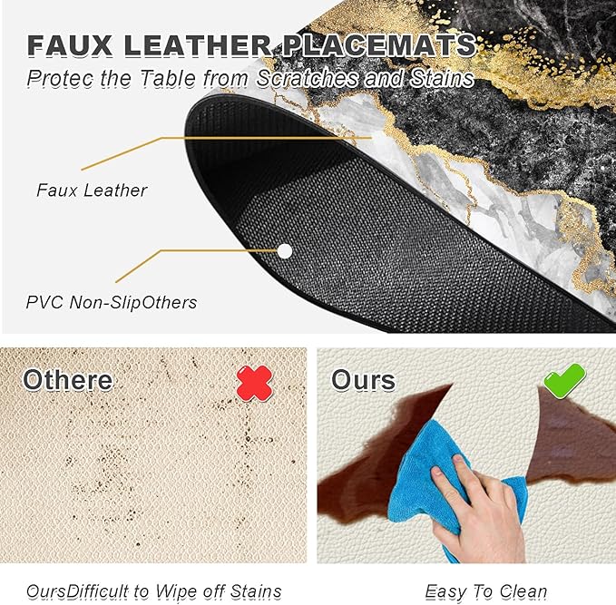 Placemats Set of 4 - Faux Leather Heat Resistant Placemats for Dinner Table, Non-Slip Waterproof Oil-Proof Washable Reusable Placemat for Indoor Outdoor Kitchen Decor, 15.75In*11.81In