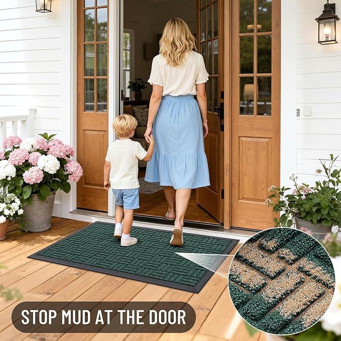 OLANLY Front Door Mat Outside Entrance 47x32, Absorbent, Heavy Duty Sturdy Natural Rubber Doormat Indoor Outdoor, Non-Slip, Stain and Fade Resistant, Low Profile Floor Mat for Entryway, Black Green