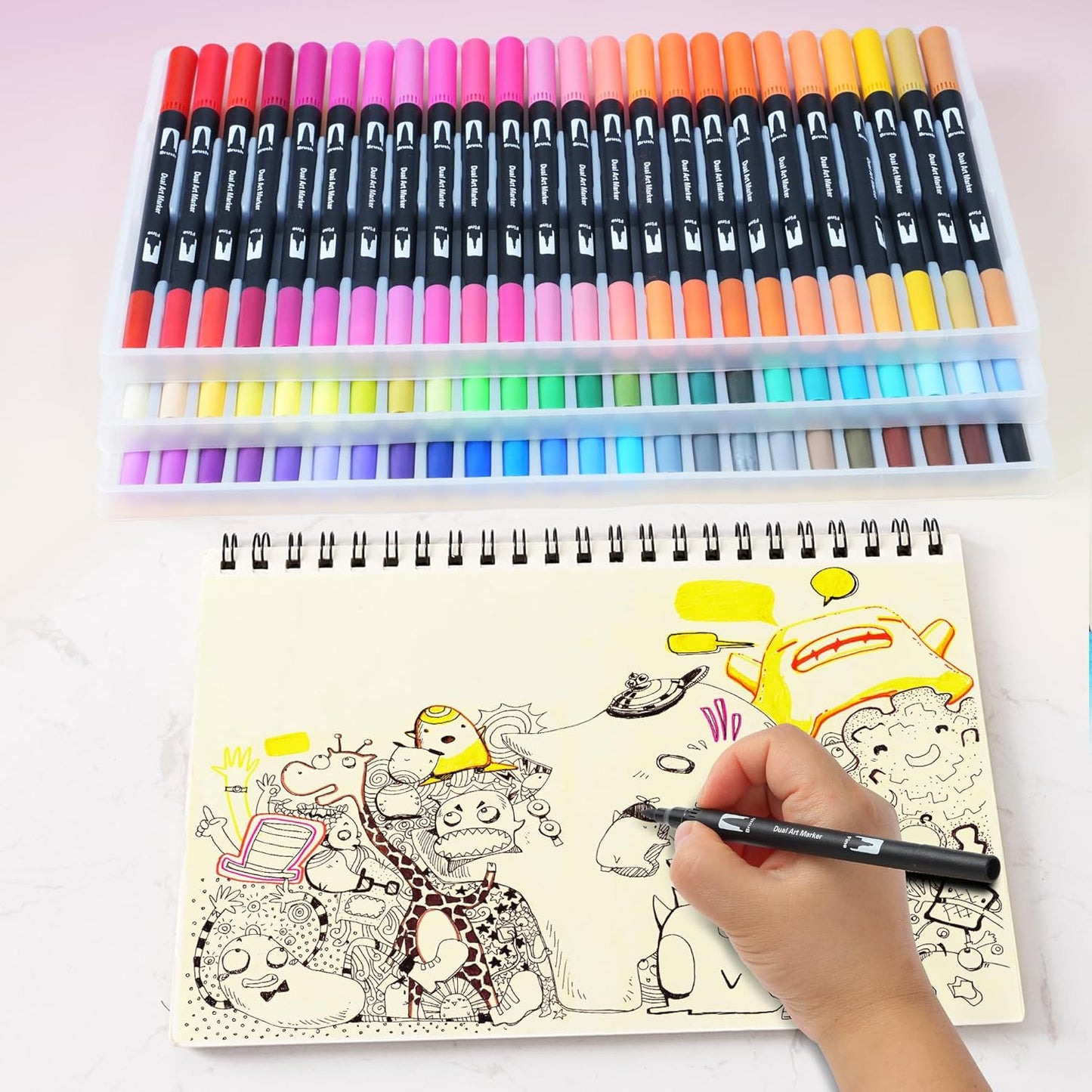 72 Colors Dual Tip Markers Set, Water-Based Ink Brush & Chisel Double Tipped Art Markers for Kids Adults Beginners & Artists in Sketching, Coloring, Note-taking