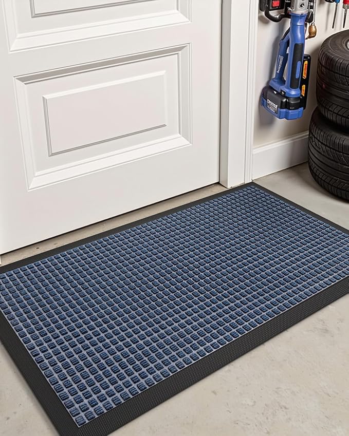 DEXI Front Door Mat Outside Entrance, 2x4 ft Rubber Entry Doormat Heavy Duty, Welcome Mats Non Slip for Inside House Floor Entryway Double Doors Exterior Patio, Squares Blue