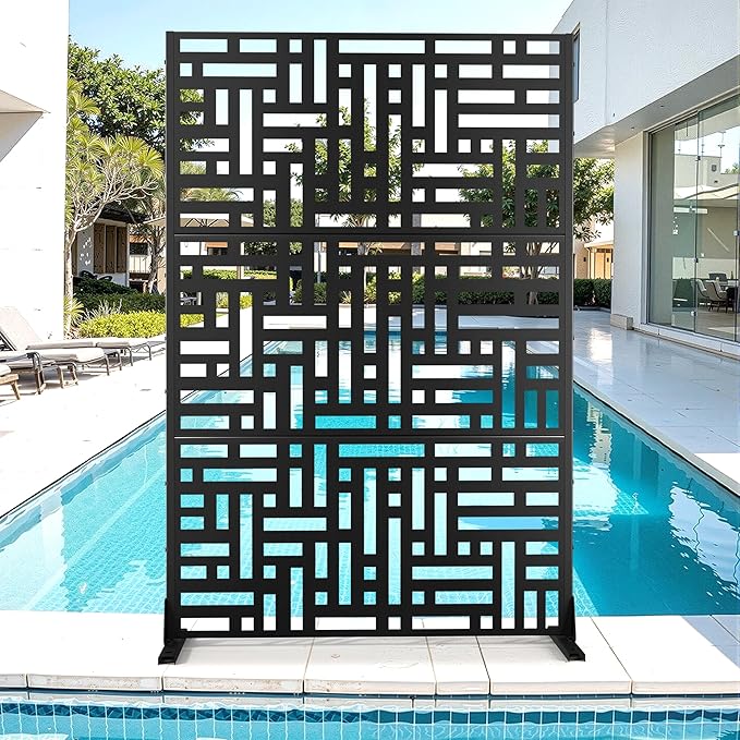 Metal Privacy Screen for Outdoor & Indoor Use, Free Standing Privacy Screen for Patio Garden Pool, 72" H x 47" W Decoative Privacy Panels, Weather Resistant, Easy Assembly (Black Street Floral)