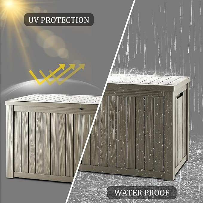 150 Gallon Resin Deck Box, Waterproof Outdoor Storage Box for Patio Furniture, Garden Tools, and Pool Accessories, Lockable UV-Resistant Storage Bin Bench Cabinet for Outside, Grey