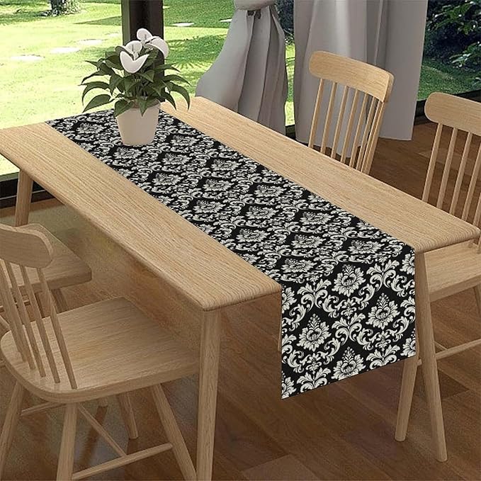 Black Damask Table Runner, Rustic Gothic Baroque Style Floral Boho Flower Antique Coffee Vintage Retro Table Center Decor for Kitchen and Dining Outdoor Home Country Party Table Decorations, 13"x90"