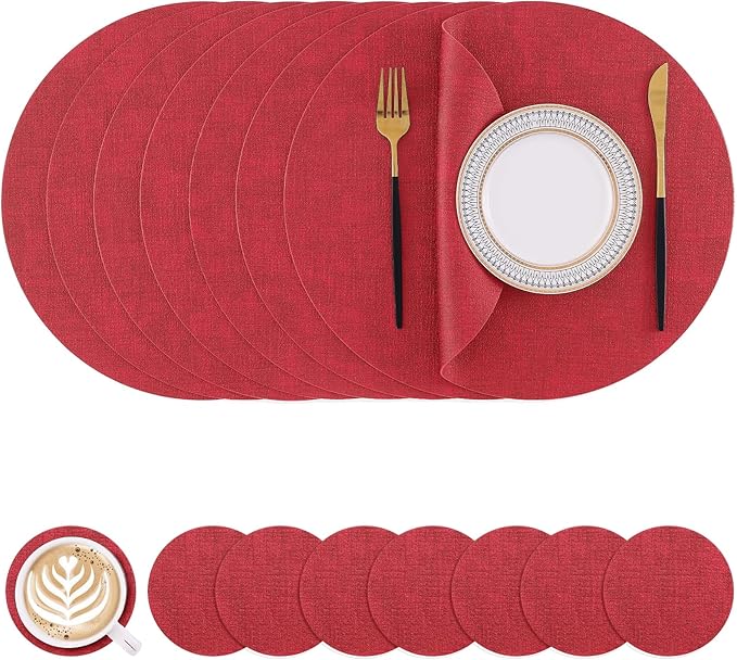 Homaxy Round Faux Leather Placemats and Coasters, Washable Dual-Side Table Mats, Wipeable Heat-Resistant Dining Place Mats for Outdoor and Indoor, Set of 8, Diameter 13 and 3.93 inch, Red