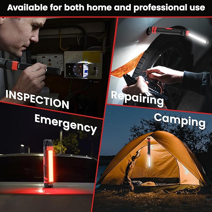 Rechargeable Work Light 2500mAh Magnetic LED Work Light Flashlight Mechanic Light Tool for Men Him, Foldable Lamp with Hook for Car Repair Emergency BBQ Grill (2 Pack)