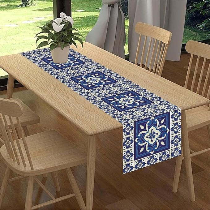 Mexican Table Runner, Blue Floral Birds Mexico Talavera Tiles Ceramic Dia De Los Muertos Coffee Table Center Decor for Family Kitchen and Dining Farmhouse Indoor Outdoor Table Decorations, 13"x108"